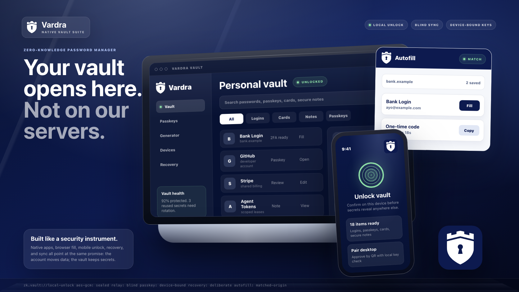 Vardra desktop vault, browser extension, mobile unlock screen, and app icon